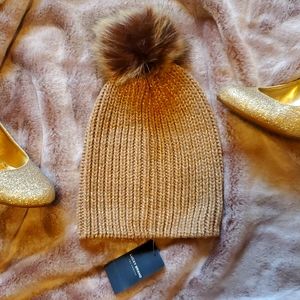Lucky Brand Faux Fur Gold Pom Pom Beanie Hat
